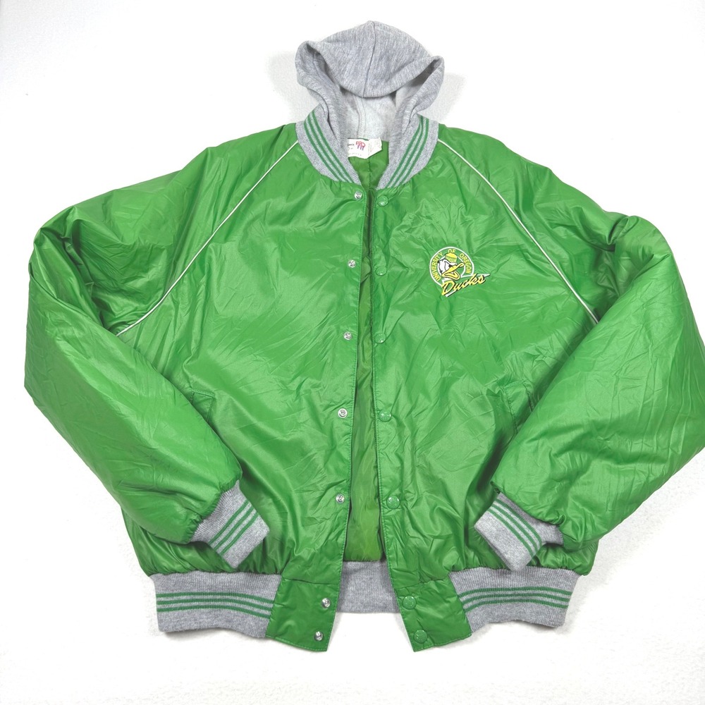 80s Vintage King Louie Oregon Ducks Varsity Jacket Green Hooded Bomber Men Large